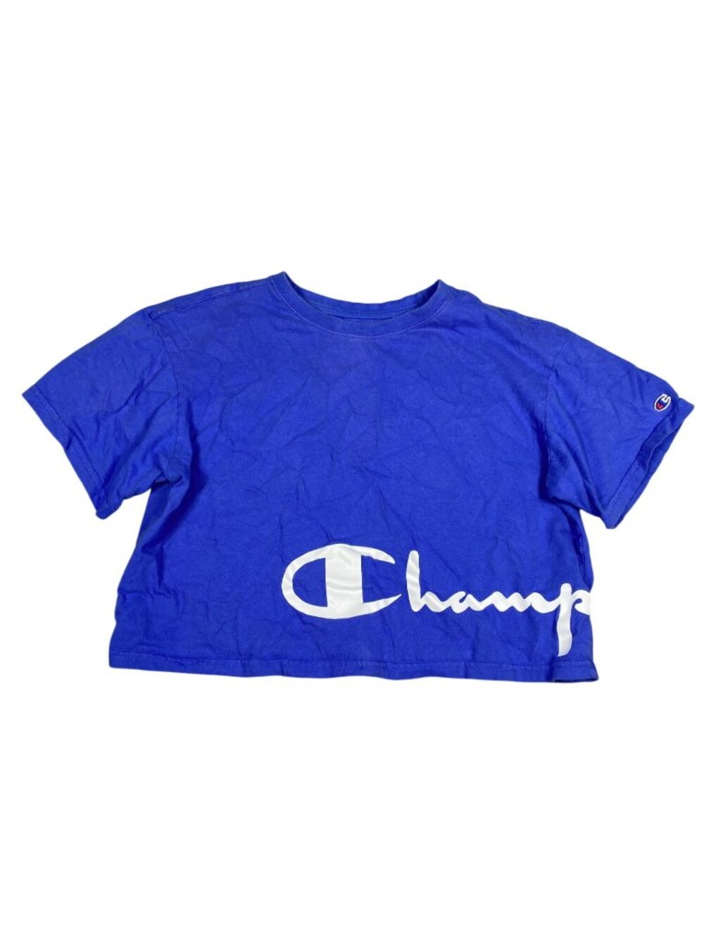 Champion Womens Blue Cropped T-Shirt Medium Cotton Blend Logo Graphic